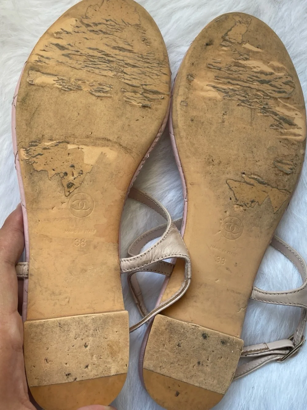 CHANEL Pink Quilted T-Strap Sandals with Gold CC Emblem